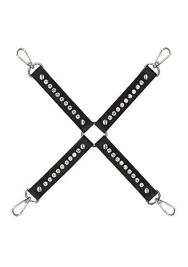 a black leather hogtie connector with studded diamonds on a white background